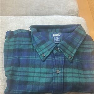 Lands' End Men's Green and Blue Plaid Shirt